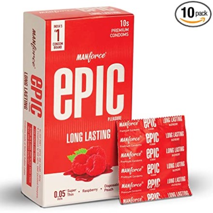 Manforce Epic Pleasure Long Lasting Premium Condom with Disposable Pouch Raspberry